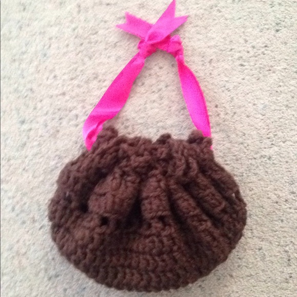 HAND CRAFTED Drawstring Wristlet Baguette Vintage Crochet Brown Pink - Picture 3 of 9